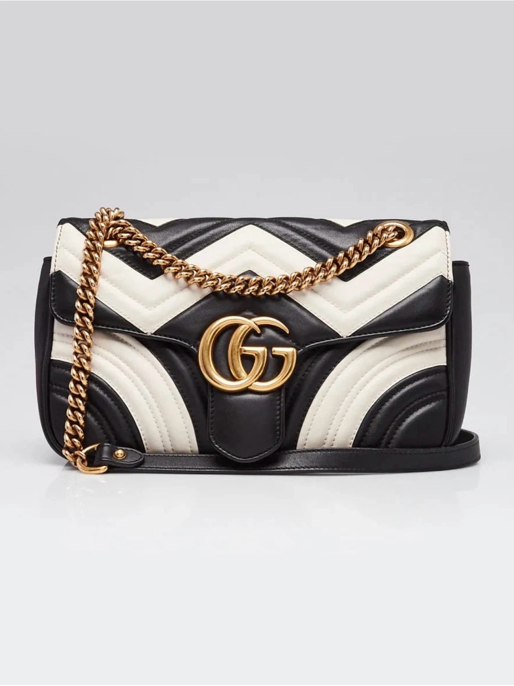Gucci Black & White Chevron Marmont Shoulder Bag with Gold Hardware